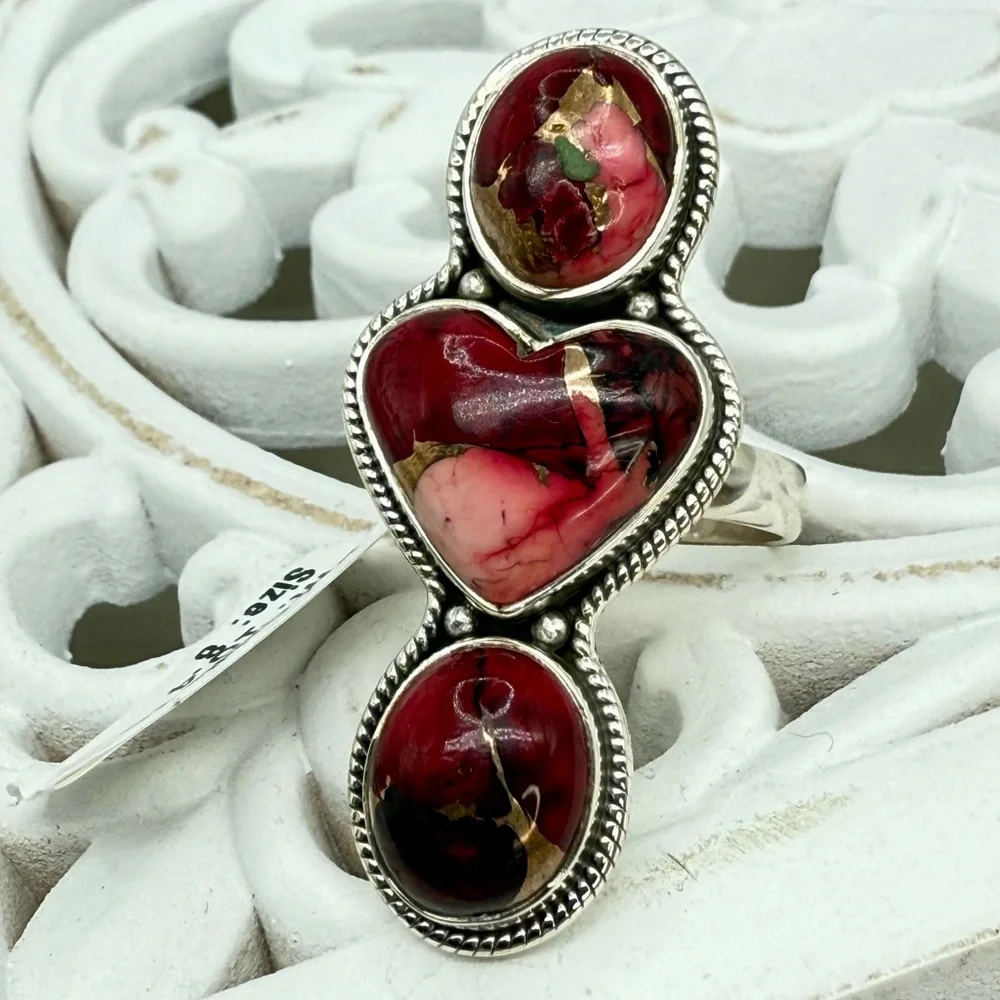 Sterling Silver Red Dahlia Turquoise Triple Stone Statement Ring – Size 8 (10.4g